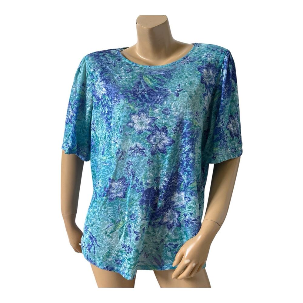 Ruby Rd Favorites Top Womens Plus 1X Floral Short Sleeve Sheer Stretch Knit Top
